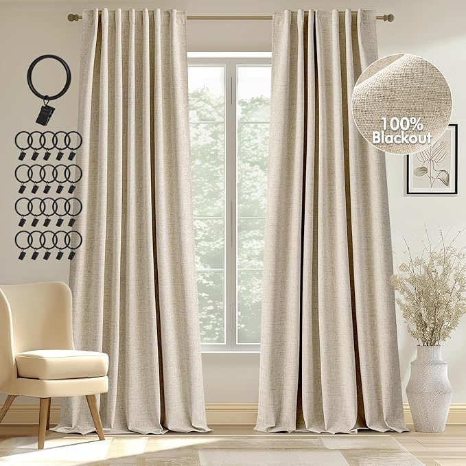 MIULEE 100% Blackout Curtains Linen Curtains & Drapes 108 Inch Cream Beige | 2 Panels, Full Black Out, Thermal Insulated, Room Darkening Window Curtains for Bedroom Living Room , Back Tab & Rod Pocket