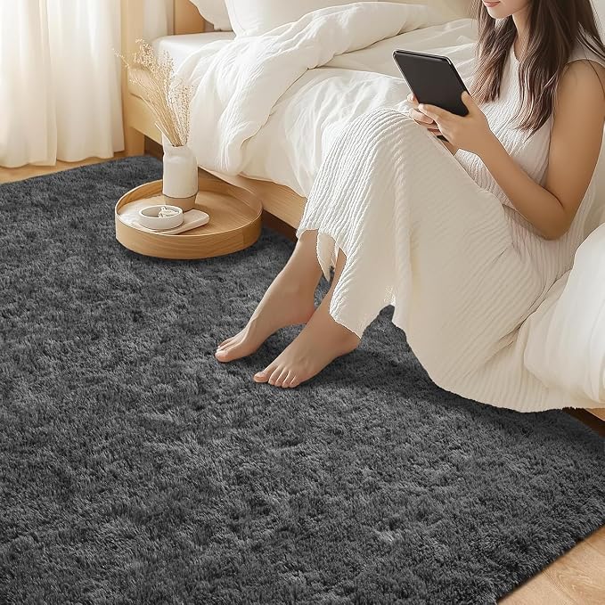 Modern Soft Fluffy Large Shaggy Rug for Bedroom Livingroom Dorm Kids Room Indoor Home Decorative, Non-Slip Plush Furry Fur Area Rugs Comfy Nursery Accent Floor Carpet 4'x6' Dark Grey