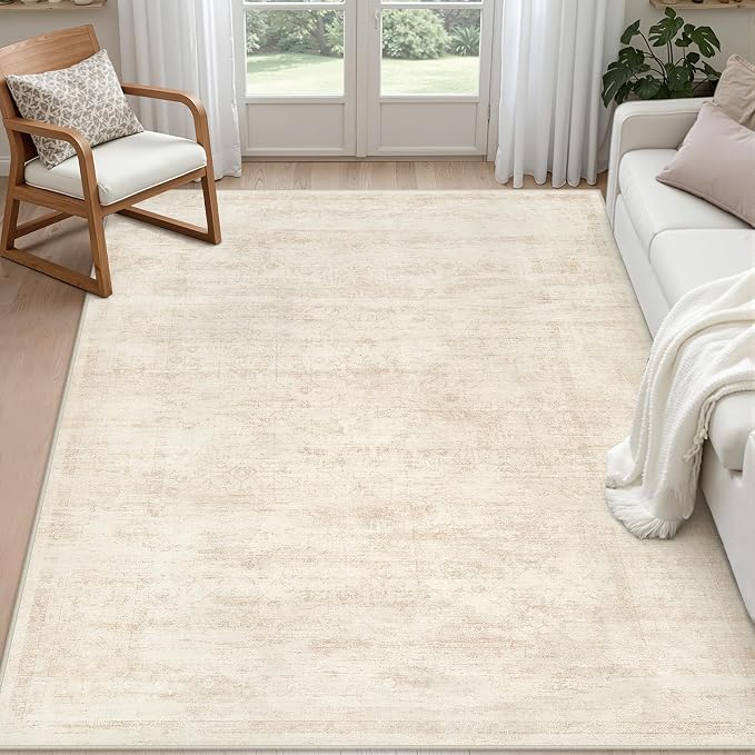 6x9 Area Rugs Living Room: Bedroom Washable Carpet Retro Beige | Large Vintage Boho Indoor Decor Neutral Soft Nursery Farmhouse Dining Room Office Floor Non-Slip Low Pile Under Table Rug