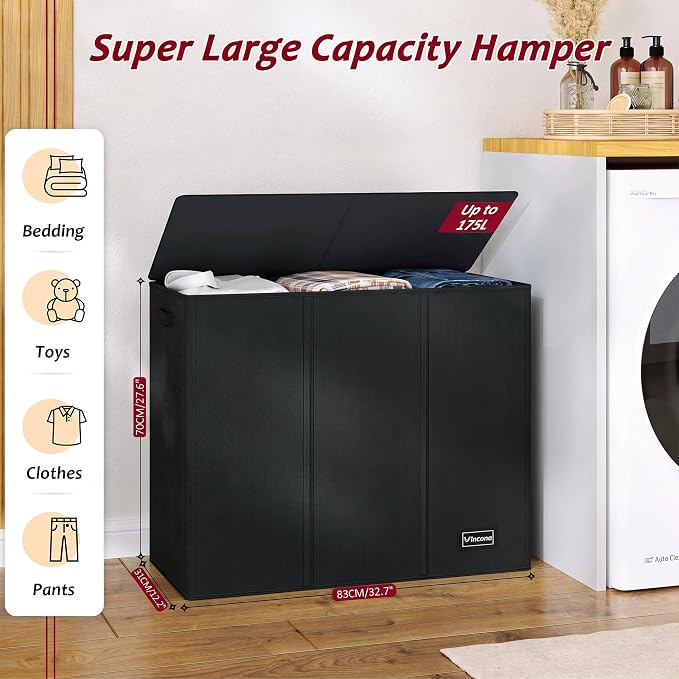 175L Laundry Hamper 3 Section,Large Laundry Hamper with Lid,Dirty Clothes Hamper with 3 Inner Bags,Collapsible Laundry Basket Organizer for Laundry Room,Bedroom,Laundry Sorter Hamper 3 Compartment