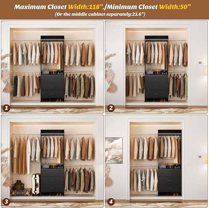 Aheaplus Closet System, 4.2-9Ft Closet Organizer with Wooden Drawers, Black | for Walk in Closet, Wardrobe Clothes Rack with 4 Hanging Rods, Garment Rack