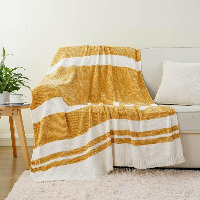 BATTILO HOME Mustard Yellow Throw Blanket for Couch, Soft Chenille Throw Blanket Knit Throw Blankets for Bed, Sofa,Chair, Farmhouse Throw Blankets, Fall Throw Blanket,51"x67"