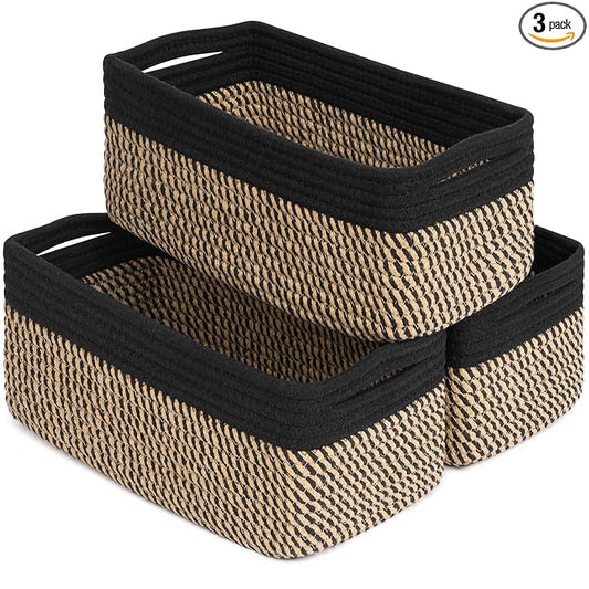 Goodpick 3-Pack Wicker Storage Baskets for Shelves, 13 x 8 x 5 in | Woven Baskets for Shelves, Closet Organizer Bins, Empty Baskets for Gifts,Woven Basket for Play Room, Black & Jute