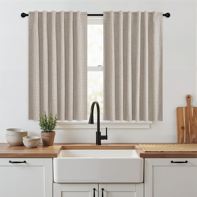 RYB HOME Natural Beige 100% Blackout Short Curtains 45 Inch Long | Thermal Insulated, Light Blocking, for Kitchen Small Window Bathroom Basement Garage, Small Window, W52 x L45, 2 Panels