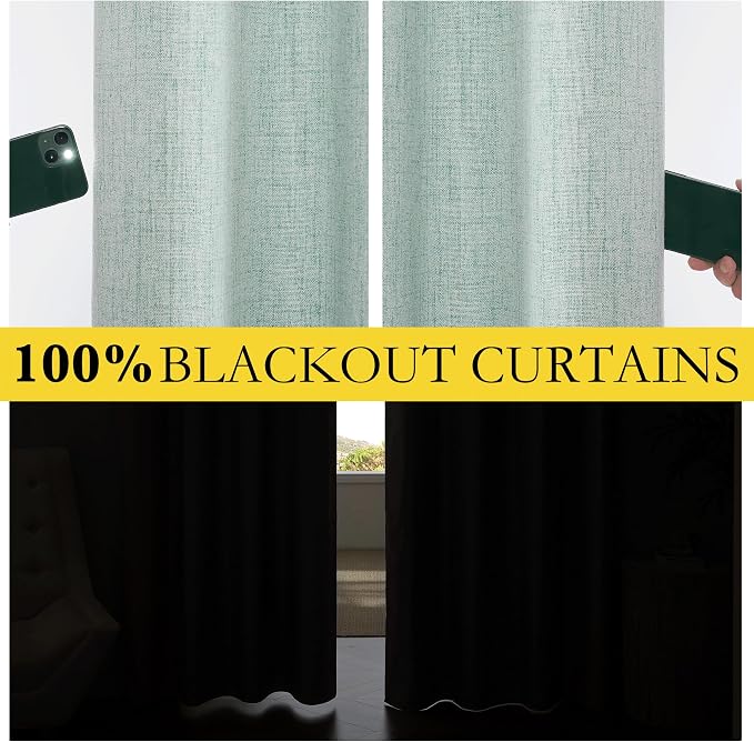 NICETOWN 100% Black Out Curtains 84 inch Long 2 Panels, Seafoam Green | Linen Blend, Thermal Insulated, Farmhouse Style, Privacy Curtains for Bedroom, Apartment Living Room, W42" x L84" Each