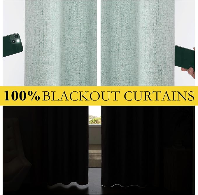 NICETOWN 100% Absolutely Blackout Linen Curtains with Thermal Insulated White Liner, Seafoam Green, 52" Wide, 120" Length Energy Saving Curtains for Living Room 2 Panels Set, Vertical Blinds