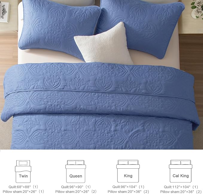 Whale Flotilla King Quilt Bedding Set Vintage Damask Reversible Bedspread | Suitable for Bed, 3 Pieces Bluish Grey Lightweight Breathable Quilt King Size, Ultrasonic Coverlet with 2 Pillow Shams