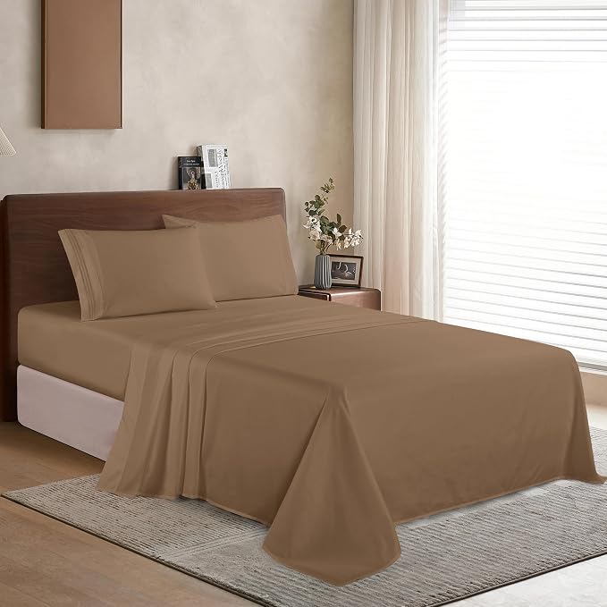 Elegant Comfort Luxury 1500 Premium Hotel Quality Microfiber 4-Piece Sheet Set - Wrinkle Resistant, All Around Elastic Fitted Sheet, Deep Pocket up to 16", Queen, Taupe