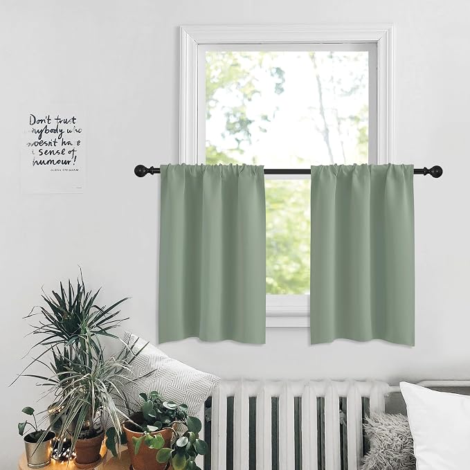 PONY DANCE Sage Green Window Curtains for Kitchen 36 inch Long, 2 Panels Set Half Window Drapes for Bedroom Basement, Blackout Small Curtains for Travel Trailers, Width 34 x Length 36 inches