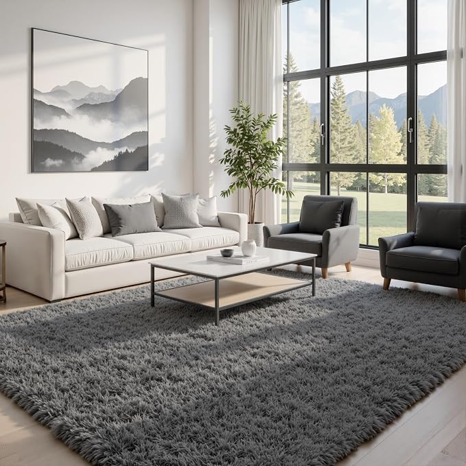 8x10 Fluffy Shag Area Rugs for Living Room Bedroom: Soft Plush Carpet Grey | Upgraded Non-Slip Thick Memory Foam, Ultra Soft, Non-Shedding Fuzzy Carpet, Easy Clean Decor for Kids Room, Nursery, Playroom