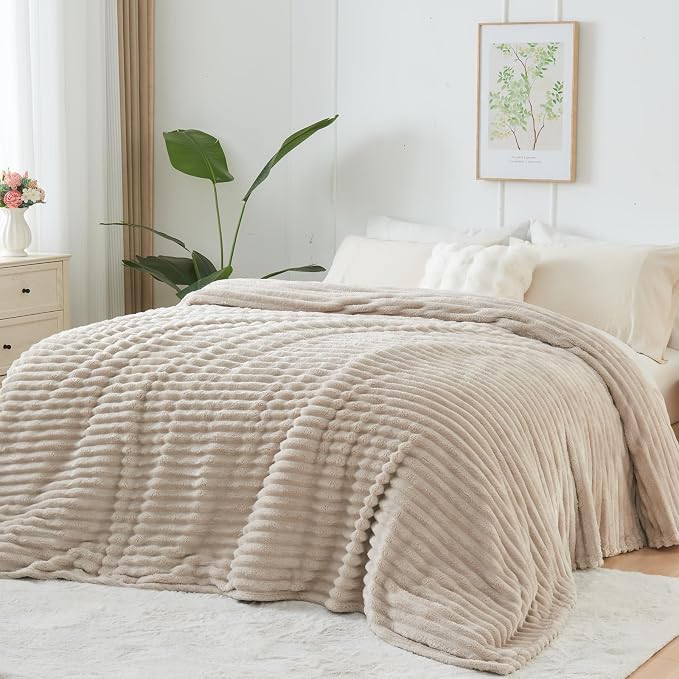 NEWCOSPLAY Fleece Ribbed Cozy Throw Blanket for Couch, Linen, 50"x60" | Premium Silky Flannel Blanket, Soft Lightweight Fluffy Throw Blanket for Bed Sofa Decor, Gift for All Season Use