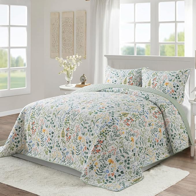 Cotton Bedspread Quilt Sets-Reversible Patchwork Coverlet Set, Green Classic Floral Pattern, Queen Size