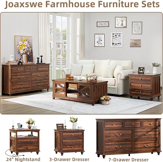 Joaxswe Farmhouse 54" 7 Drawers Dresser for Bedroom, Vintage Wood Chest of Drawers w/ 4 Wooden Legs, Wide Closet Storage Dressers Organizer for Hallway, Rustic Large TV Stand for Living Room, Brown