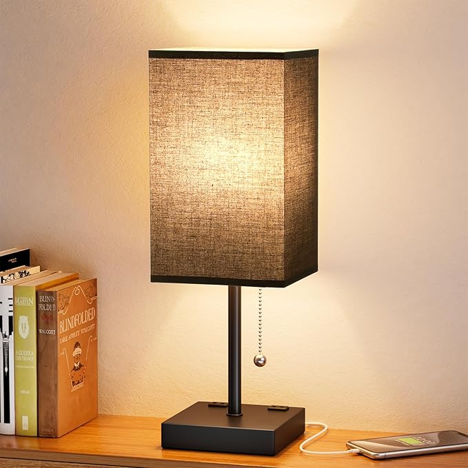 Black Lamp for Bedroom - 3 Color Temperatures, USB A+C, 2 AC Outlets | Pull Chain Switch, LED Bulb Included, Black Fabric Shade, 17.4" Table Lamp for Nightstand, Desk, Living Room, Office