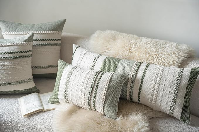 Cethom Boho Lumbar Pillow Covers 14x36 Inch Long, Green Textured Decorative Couch Pillow Cases for Farmhouse Home Decor, Accent Cushion Cover for Sofa, Bed, Living Room, Bedroom, Pack of 1