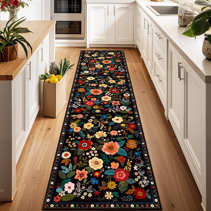 Floral Washable 2x8 Area Rugs Runner Entryway Hallway Black | Flower Carpet, Print, Boho, Non-Slip, Easy to Clean, Low Pile, Soft, for Living Room Bedroom Kitchen Office Entrance