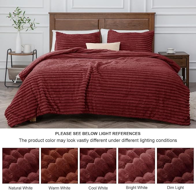 BEDELITE Fleece Full Comforter Set, Fluffy Bed Set, Burgundy | Super Soft & Warm Bedding, Luxury Fuzzy Faux Fur Comforter for Winter, Heavy Plush Bedding, with 2 Pillowcases