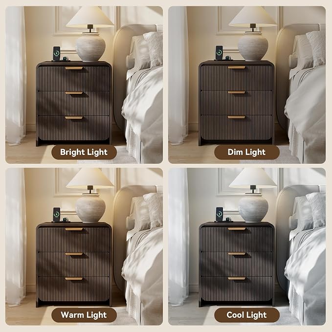 24" 3 Drawers Fluted Nightstand, Black Walnut | 3 Drawers Bedside Table, Metal Handles & Charging Station, Curved Profile End Table for Bedroom