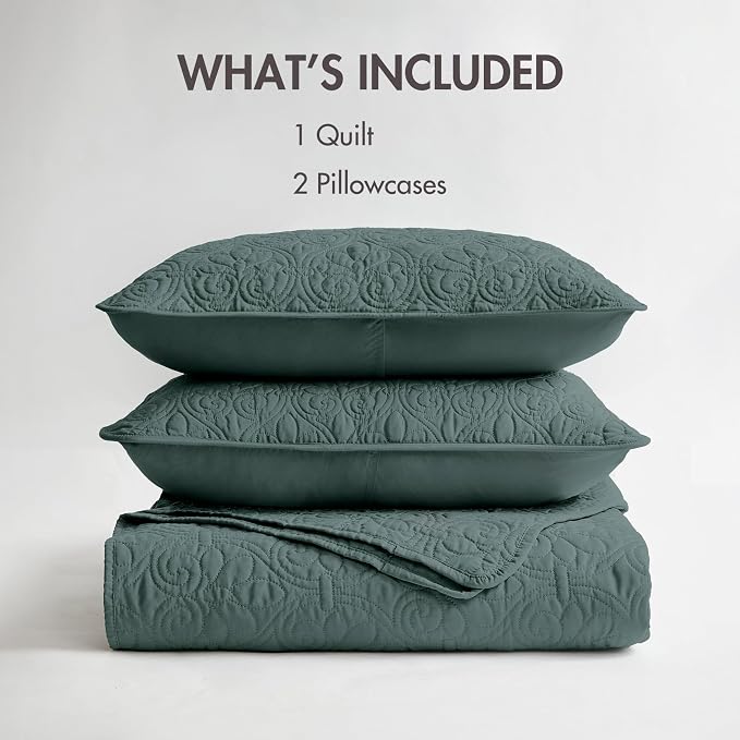 Madison Park Luxurious Cotton Damask Quilt Set, 3PC Full/Queen Bed Set | All Season, Lightweight Stitching Coverlet Bedspread Bedding Stitching with Shams, Balsam Green