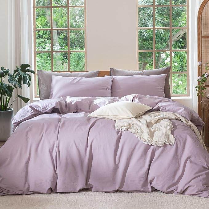 MooMee Duvet Cover Set 100% Washed Cotton Linen Like Queen | Relaxed Linen-like Texture. Soft, Breathable & Long-lasting Comfort. Lightweight. Hidden Zipper with 8 Interior Corner Ties