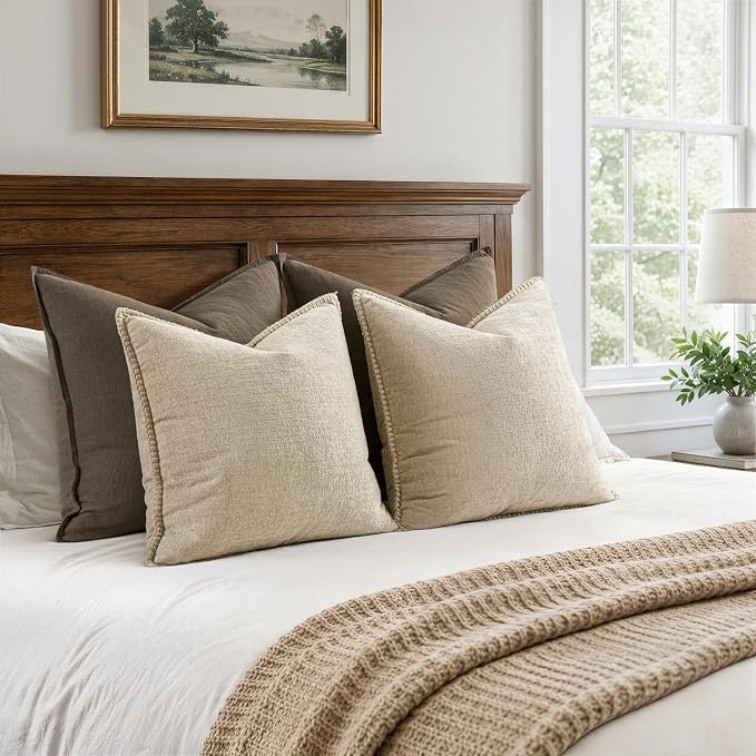 MIULEE Decorative Euro Sham Pillow Covers 24x24 Inch Beige 2 Pack | Neutral Farmhouse Throw Pillow Covers with Stitched Edge, Soft Chenille Cushion Cases, for Couch Sofa Bed Living Room
