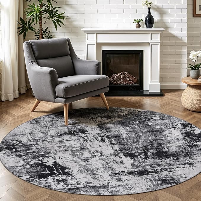 Rugflix Round Area Rugs 4Ft for Living Room, Washable Black Grey Circle Rug | Machine Washable; Stain-Resistant; Low Pile; Non-Slip; Modern Abstract; Carpet for Bedroom Dining Office Nursery Home