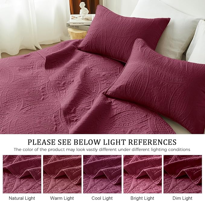 akkialla 118"x106" Burgundy California King Quilt Set, Oversized Floor-Length Bedspread, Modern Coin Pattern Microfiber Coverlet, 3-Piece All Season Bedding with 2 Pillow Shams