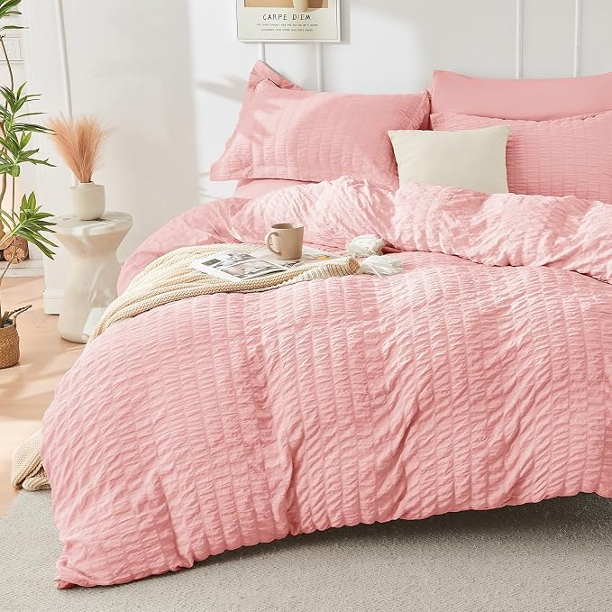 HYMOKEGE Rose Pink California King Comforter Set Seersucker 7 Pieces, All Season Luxury Bed in a Bag for Bedroom, Bedding Set with Comforter, Sheets, Pillowcases & Shams