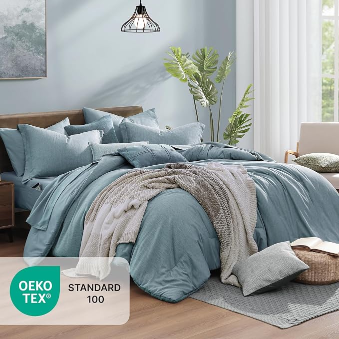 Monbix Queen Comforter Set 7 Pieces Dusty Blue Cationic Dyeing Bed in a Bag | Lightweight Reversible All Season Bedding Sets with Comforter, Sheets, Pillowcases & Shams