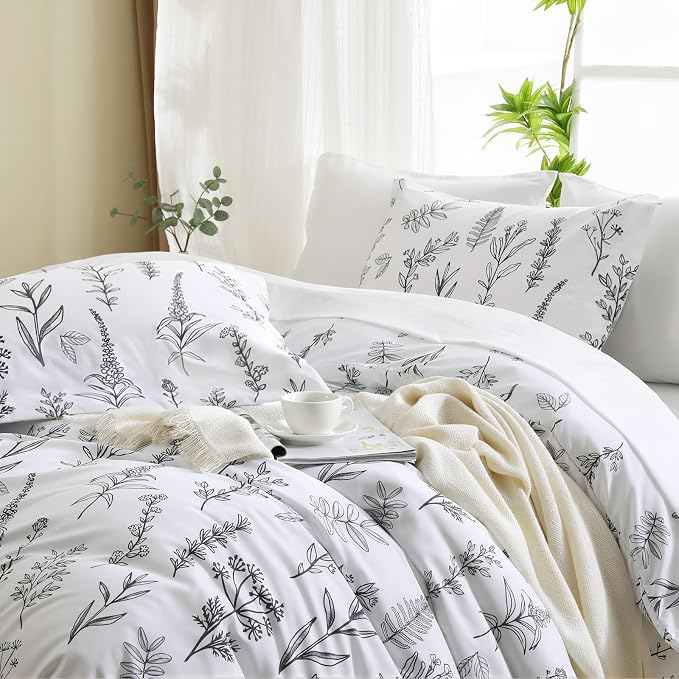 MUXHOMO Duvet Cover Twin/Twin XL Size Set, Reversible Floral White Duvet Cover with Zipper Closure, 2 Pieces Botanical Patterns Soft Microfiber Bedding Set with 4 Ties (68"x90", 1 Pillow Case)