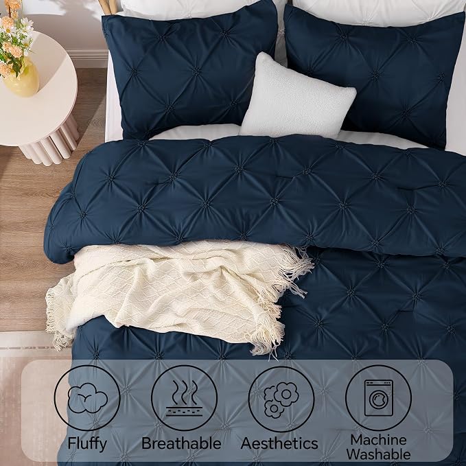 BEDELITE Queen Comforter Set Navy,Lightweight & Soft Comforter | Pintuck Boho Bedding, Warm & Cute Bed Set for All Season,With 2 Pillowcases