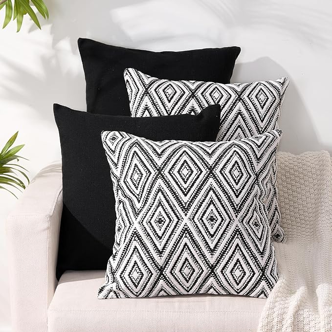 HPUK Throw Pillow Covers 18x18, 4 Pack, Black Textured Couch Pillow Covers | Polyester fabric, patterned and solid designs, hidden zippers, machine washable, for sofas and beds, inserts not included