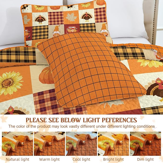 Fall Patchwork Quilt Set Queen Size 3 Piece Thanksgiving Bedding Set Orange | Sunflower Maple Leaves Pumpkin Pattern Bedspread Coverlet, Soft Microfiber Cozy Farmhouse Autumn Bedding Decor (96"x90")