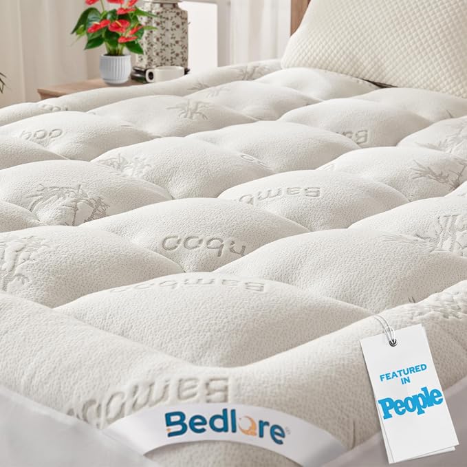 BEDLORE RV Queen Mattress Topper Viscose Bamboo, Pillow Top Mattress Pad | Stretchable Pockets Fit 6”-18” Mattress, Soft Breathable Thick Mattress Topper for Back Pain Relief & Hot Sleepers(White)