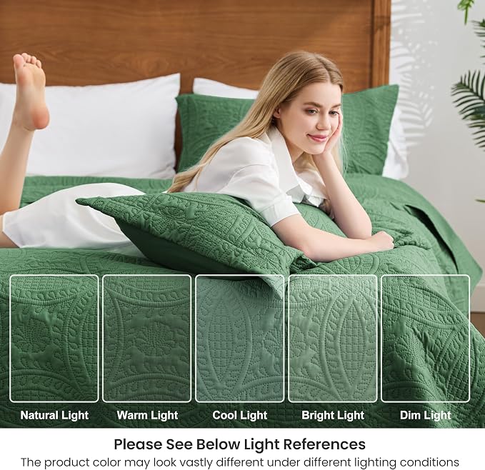 Love's cabin Oversized King Size Quilt Bedding Set Dark Green Bedspreads - Oversized King Lightweight Bedspread Comforter - Coin Pattern Coverlet for All Season - 3 Pieces (1 Quilt, 2 Pillow Shams)