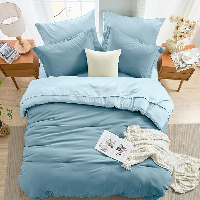7 Pieces Full Comforter Set, Soft Bed in a Bag Full Size, All Season Bedding Set with Comforter, Flat Sheet, Fitted Sheet, Pillowcases & Shams, Mineral Blue & Light Blue