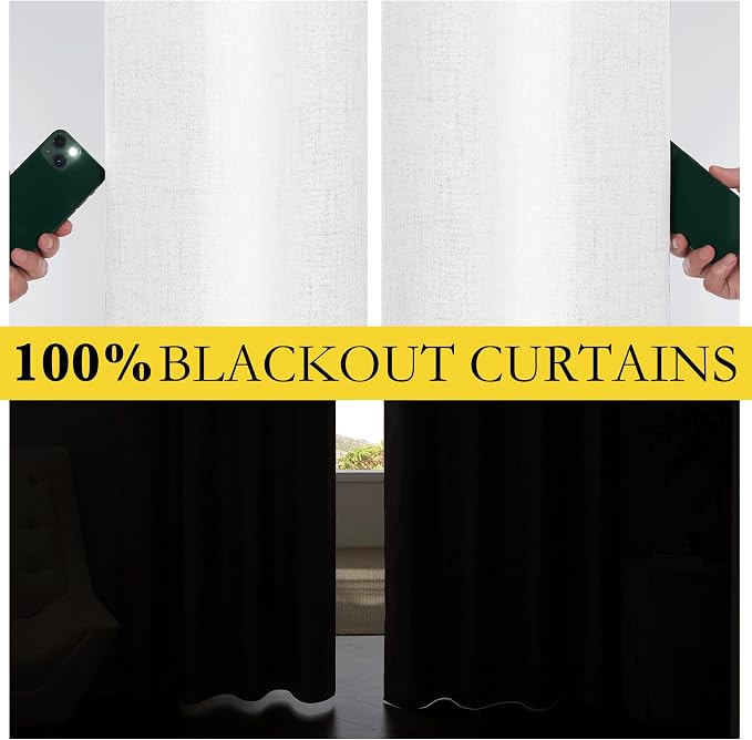 NICETOWN 100% Blackout Linen Curtains 84" Long 2 Panels, Greyish White | Boho-Chic Thick Linen Blend, Thermal Insulated Privacy Window Drapes for Bedroom, Living Room, W42" x L84" Each