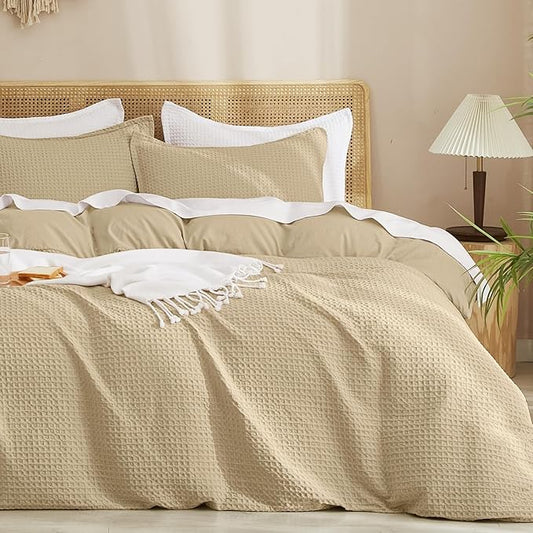 PHF Waffle Duvet Cover King, Ultra Soft & Breathable, 104"x90", Khaki | 300GSM Fabrie，No Snagging Textured Honeycomb Comforter Cover for All Season 3pcs, Durable Bedding Duvet Set, Home Decor Gift