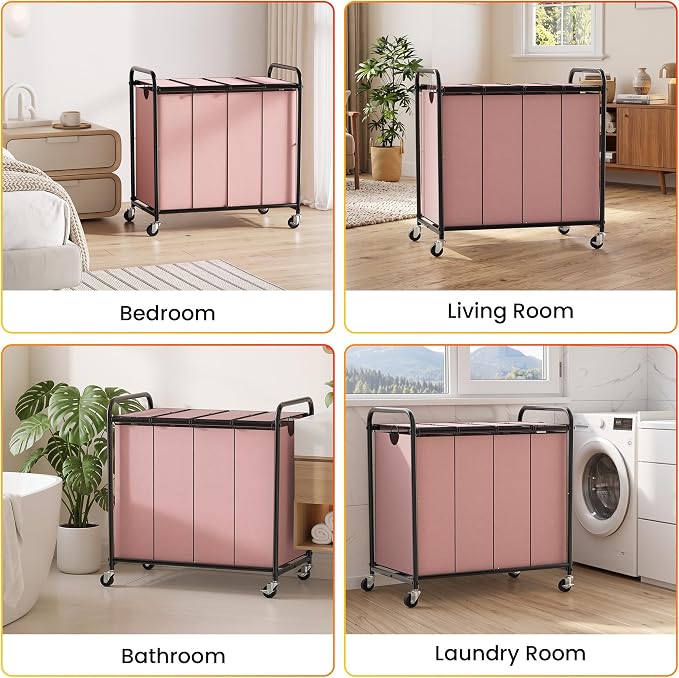 Laundry Sorter 4 Sections 48 Gal, Rolling Laundry Basket with Wheels ＆ Lid | Laundry Hamper, 4 Separated Removable Bags, Lockable Wheels, Dirty Clothes Hamper for Laundry Room Organizer, Pink