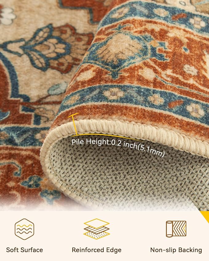 RELEANY Washable Area Rug, Round 6ft, Red/Orange/Blue/Brown | Non-Slip, Water Repellent, Pet Friendly, Easy to Clean, Vintage Floral Boho Decor for Living Room Bedroom Dining Room