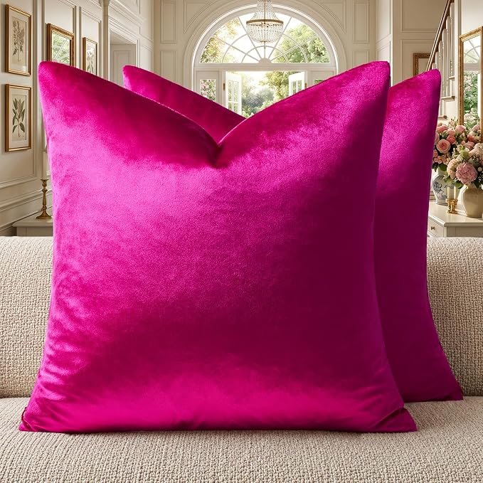 GIGIZAZA Hot Pink Velvet Pillow Covers 24x24 Decorative Pillows Pack of 2 | Throw Pillows for Couch Sofa,280gsm Soft Textured Fabric,Modern Square Pillowcases,Luxury Cushion Covers