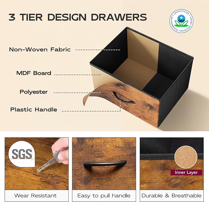 WLIVE Tall Dresser for Bedroom, 5 Drawer Dresser, Rustic Brown | 5 vertical fabric drawers, Tall vertical design, Bedroom or closet use, Dresser for small spaces, Chest of drawers
