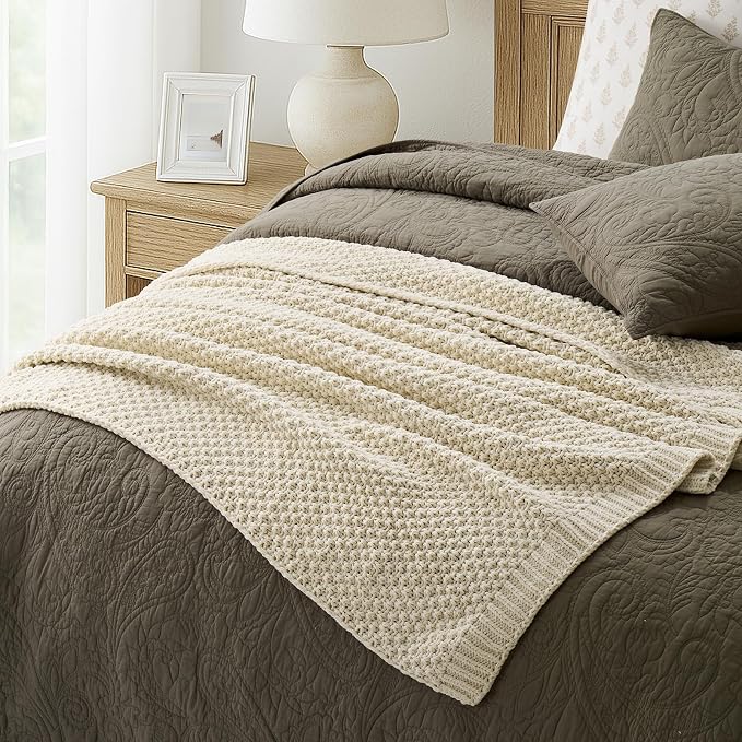 EVERGRACEHOME Chunky Chenille Knit Throw Blanket, 50 x 60, Beige | Sculpted Moss Stitch, Chic Modern Farmhouse, All-Season Warmth, OEKO-TEX® Certified, Elegant Blanket for Couch, Bed, Sofa