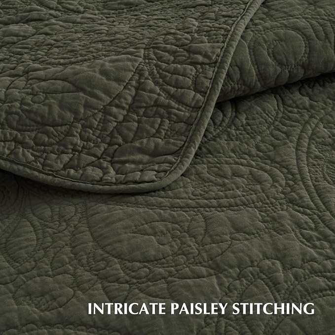 EVERGRACEHOME 100% Cotton Paisley Quilt Set, Oversized King, Olive Green | Prewashed for Softness, Year-Round Breathability, Gift-Ready Box, Matelasse-style Quilted Coverlet, 3 Piece Set with 2 Shams
