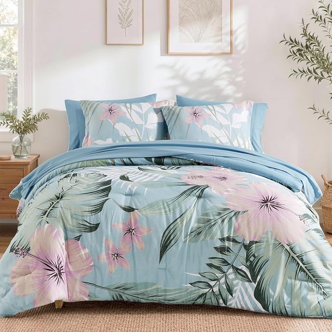Full Size Comforter Sets - 7 Pieces Floral Bed in a Bag Full Bedding Set | Tropical Palm Leaf Comforter Set with Sheets, Pillowcases & Shams for All Seasons, Blue