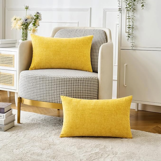 MIULEE Soft Chenille Lumbar Throw Pillow Covers Yellow 12x20 Pack of 2 | Modern Home Decor, Classic Decorative Pillows, Solid Dyed Cases, Boho Couch Cushion Covers for Sofa Bed Living Room