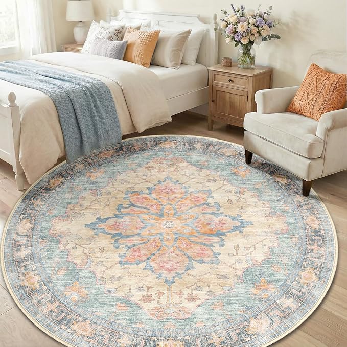 RELEANY Washable Area Rug, Round 6ft, Blue/Orange/Red | Non-Slip, Water Repellent, Pet Friendly, Easy to Clean, Vintage Floral Boho Decor for Living Room Bedroom Dining Room