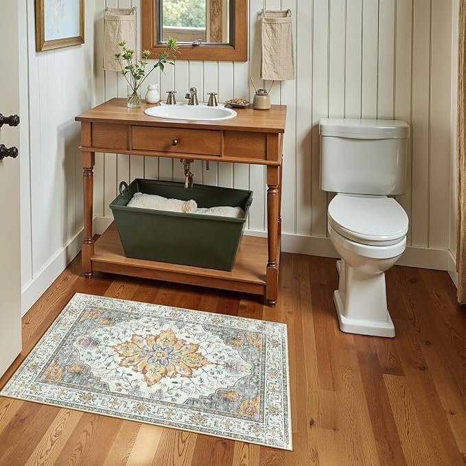 RELEANY Washable Area Rug, Small 2'x3', Beige/Carbon Grey/Orange | Non-Slip, Water Repellent, Pet Friendly, Easy to Clean, Vintage Floral Boho Decor for Kitchen Entryway Bathroom