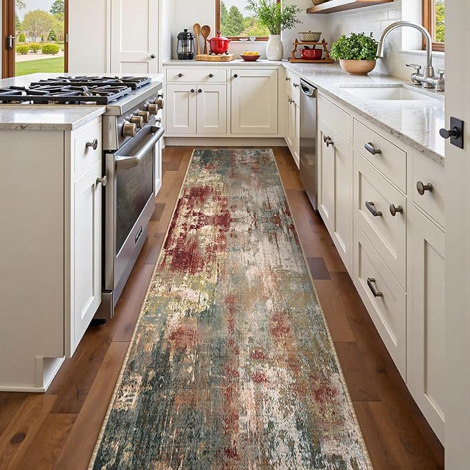 RELEANY Washable Runner 2'x8' Abstract Area Rug for Hallway Rustic Brown | Carpet for Kitchen, Entryway, Bathroom, Living Room, Bedroom, Printed Pattern, Non‑Slip, Soft, Stain‑Resistant, Easy to Clean
