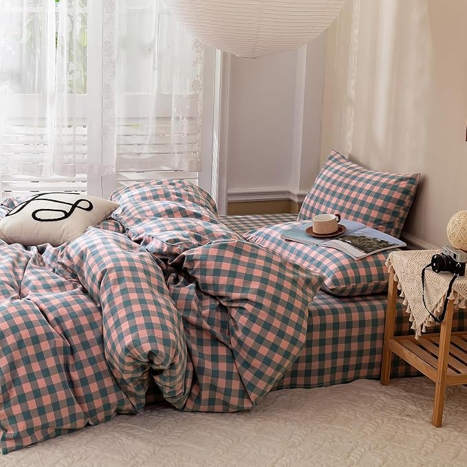 mixinni Plaid Duvet Cover Set Queen Purple - Soft Washed Cotton Modern Geometric Bedding Set with 2 Pillowcases, Pink Blue Gingham Grid Queen Duvet Cover for Men & Women, Soft & Lightweight